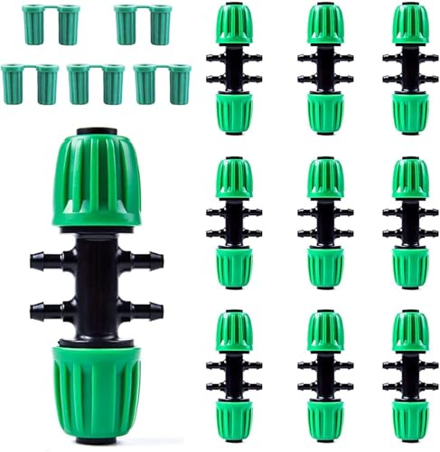Rolcoassuns 10 Conectores en T de Púas de 1/2 a 1/4 para Tuberías de Riego, Adaptador Anticaída de 6 Vías con 10 Tapones para Sistemas de Goteo (Compatible con Diámetros de 14 mm y 4 mm)