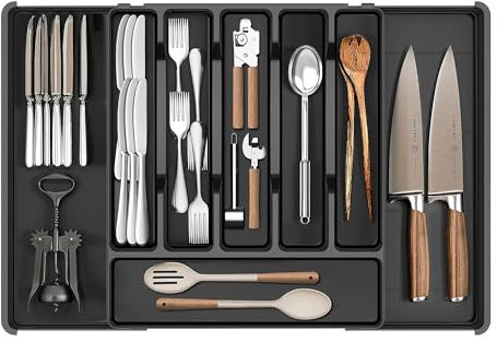 Portaposate per cassetti, 37 x 54 cm, espandibile, 6 – 8 scomparti, portaposate per la cucina, inserto compatto regolabile, organizer per cassetti in plastica, per cucina, cucchiai, forchette, nero