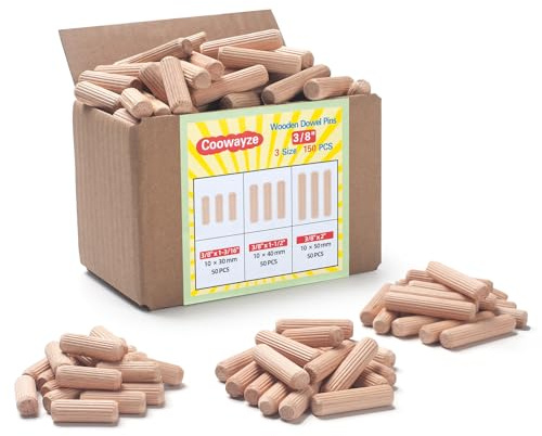 Wooden Dowel Pins 3/8 inch, 150 PCS Fluted Wooden Pegs, Hardwood Wood Dowels for Crafts, Kiln-Dried Fluted & Beveled Design for Woodworking, Furniture, Crafting & DIY Projects