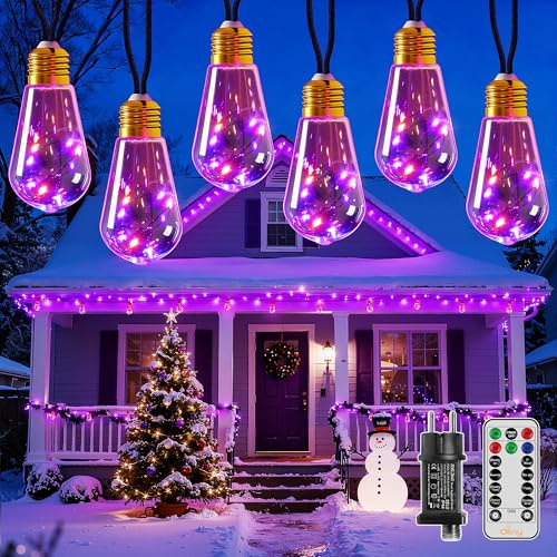 Ollny 8M Lichterkette Deko Outdoor, mit 16 S17 Glühbirnen Lichterketten Aussen, 8 Modi Timer Dimmbar für Weihnachten deko innen und außen (Netzbetrieben, Lila und Orangea)