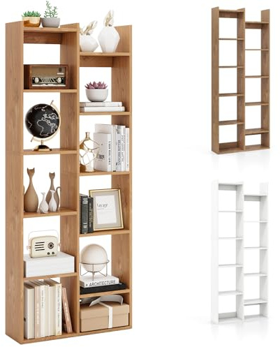 HOMASIS Bücherregal mit 12 Fächern, Standregal Holz, offenes Würfelregal, Freistehendes Regal Aufbewahrungsregal mit Kippschutz, Raumteiler für Wohnzimmer Arbeitszimmer Büro, 65x19,5x162cm (Natur)