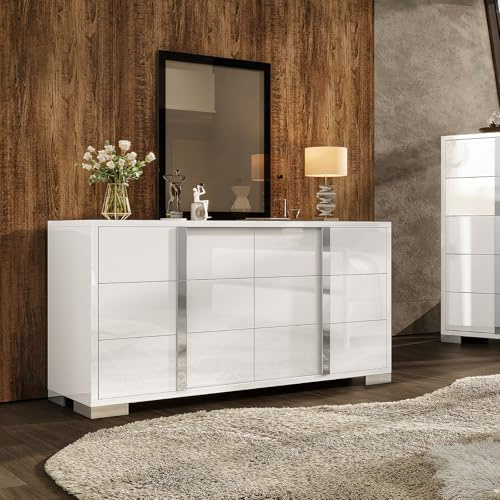 LUXOAK Commode moderne blanche brillante avec 6 tiroirs, armoire de rangement minimaliste pour chambre à coucher, salon et dressing, grande armoire de rangement au design élégant