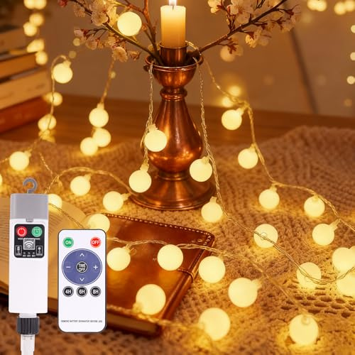 Bubuny LED Kugeln Lichterkette Batterie 10M 100 LED mit USB Aufladung, 8 Modi Timer Fernbedienung, Wasserdicht Lichterketten Innen Außen für Zimmer Balkon Garten Hochzeit Weihnachtsdeko