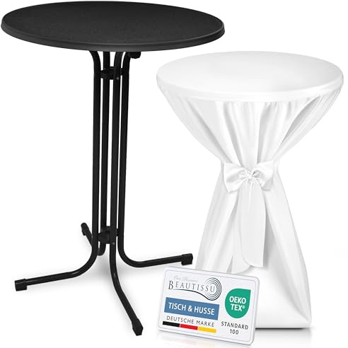 Beautissu Schwarzer Stehtisch klappbar mit Premium Stehtischhusse | 80cm rund Weiß wetterbeständig Outdoor Bistrotisch kratzfest UV-beständig Husse rutschfest waschbar Schleifenband Bellini