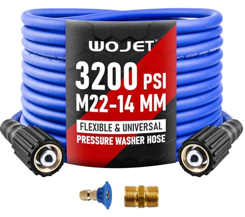 WOJET Pressure Washer Hose 25ftx1/4”, Ultra Flexible Power Washer Hose with M22 14mm Non-leak Thread Fitting, High Pressure Hose fits Electric Power Washers, Replacement Hose for Ryobi Models, 3200PSI