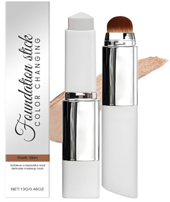 Färgändrande primer, färgskiftande foundation-pinne med borste, full täckning concealer foundation primer för felfri make-up, långvarig återfuktande, naturlig finish (mörk)