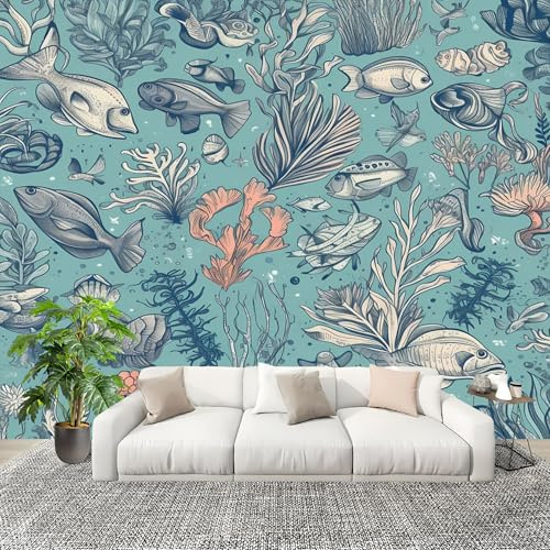 3D Créatif Papier Peint Panoramico OcéAno Coral Animales Décoration De La Maison Papel Tapiz Imperméable Murales 200X140 cm Azul Amovibles ExtraíBle Para Despegar Y Pegar Fotomurales