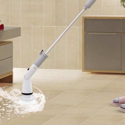 Electric Scrubber with 4 Cleaning Heads, Electric Spin Scrubber with Extension Arm, Battery and Charger, Cordless Power Cleaning Brush for Flooring, Tiles, Glass, Tub, Bathroom (Grey)