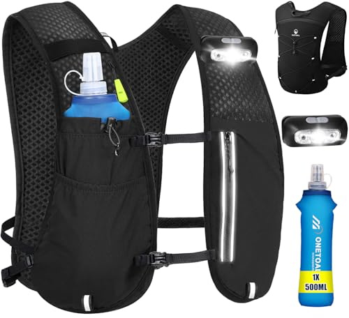 ONETOALL Chaleco Running Hombre Mujer con Botella 500ml y Luz LED Recargable, Chaleco Hidratacion Trail Running, Running Vest, Mochila Hidratacion para Correr Senderismo Montaña Deporte, Solo 175g