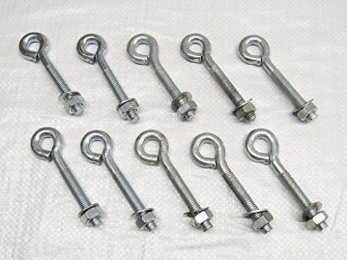 x10 M10 X 100MM Zinc Plated Folded Straining Eyebolts Nut & Washer - Wire Support Fencing Straining