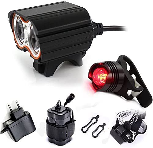 Constefire Faro Bicicletta Anteriore led luce luci per Bici Bicicletta MTB,Torcia da testa Lampada frontale Bici Faro,(4 Modalità,2 LED) U2 MAX.5000lm + 1 PCS LUCE POSTERIORE BICICLETTA