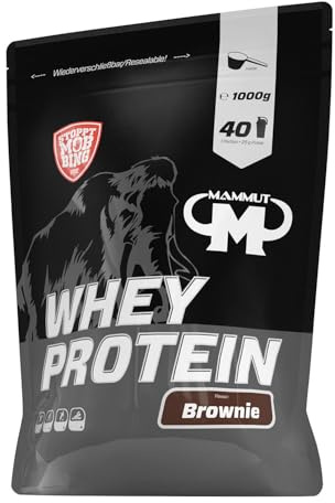 Mammut Nutrition Whey Protein Pulver Brownie – 1kg – 27g Protein pro Portion – Eiweißpulver mit hohem BCAA-Anteil – Perfekte Löslichkeit in Wasser & Milch – Ideale Zwischenmahlzeit | Molkenproteinkonzentrat, mit BCAA-Anteil, klumpenfrei löslich, in Wasser oder Milch, Geschmack Brownie