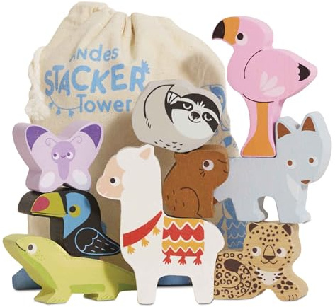 Le Toy Van Gioco educativo animali delle Ande impilabili, per bambini dai 18 mesi, attività di equilibrio, 9 animali e borsa, in legno FSC, gioco ecologico, senza plastica, Petilou