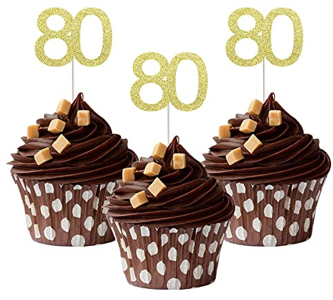 Sumerk 24PCS 80 Cupcake toppers Gold Glitter 80th Birthday Cupcake Picks Anniversary Party Decorations