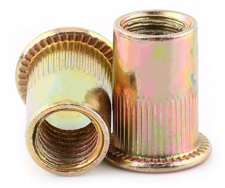 Écrou de Bride, Écrou de Rivet Fileté Plat en Acier au Carbone M3-M12, 100pcs Écrou à Rivet Aveugle Fileté à Tête Plate Écrous à Tête Moletée en Acier(M6)