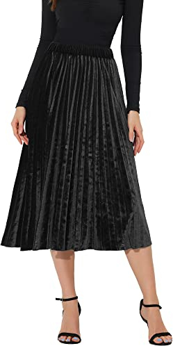 Allegra K Damen Herbst Winter Elastische Hohe Taille Flowy Swing Party Weihnachten Samt Plissee Midi Rock, Schwarz, Klein