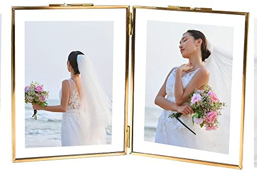 CHUANGZHAI Doppel-Bilderrahmen, zusammenklappbar, Messing, Vintage-Stil, Herbarium, für gepresste Blumen, Pflanzen, Exemplare, Zertifikate, Halter, Clip, Tischdisplay, 6x8 Zoll, Gold