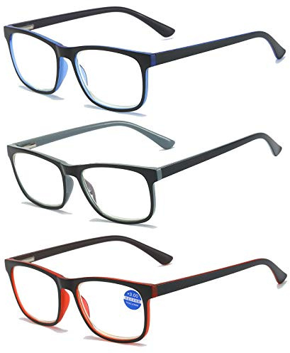 MMOWW 3er-pack Lesebrille Damen und Herren - Anti-blaue Computerbrille mit Federscharnieren (Grau+Blau+Rot,+1.0)