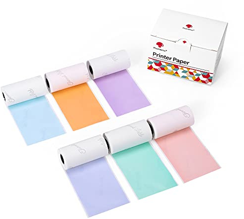 Phomemo Papier für T02, M02, M02S, M02PRO, M03, M03AS, M04S, M04AS, 53mm x 3,5m, 6 Rollen, Pink, Blau, Hellviolett, Grün, Lila, Orange, Schwarzer Druck