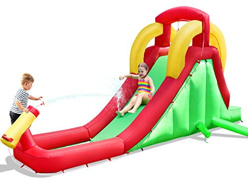 COSTWAY Aufblasbarer Hüpfburg Wasserrutschen-Park, Springburg Hüpfschloss mit Kletterwand, Rutsche & Planschbecken, Wasserkanone, Spielpool Wasserspielcenter inkl. Tragetasche 470x242x120cm