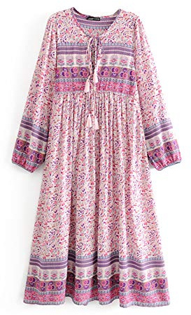 Boho Maxi Midi Dress Summer Dresses for Women Long Sleeve Floral Casual Hippie Bohemian Flowy Maternity Loose (UK, Alpha, L, Regular, Regular, Pink)