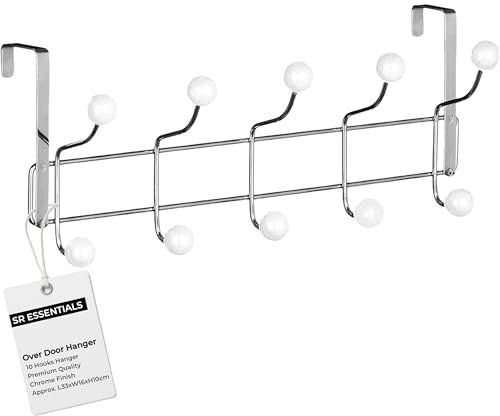 SR ESSENTIALS Over Door Hook for Clothes Hanging, Stainless Steel Over Door Hanger for Bedroom Bathroom Storage - Heavy Duty Over Door Storage Coat Rack for Towel, Purse, Robe, Keys - 10 Hooks