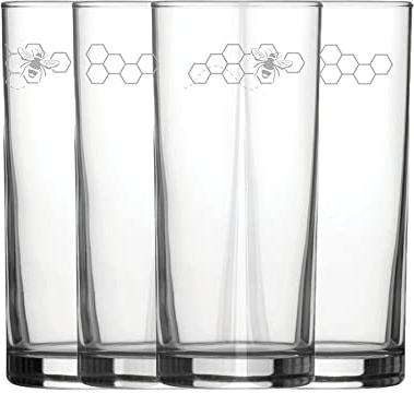 Engraved Bees Patterned Hiball, Set of Four 12oz/340ml Water and Cocktail Glasses, Laser Engraved in The UK, Gift for Him or Her, Birthday Gift, House Warming Gift