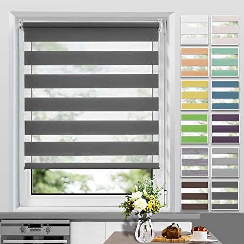 Allesin Doppelrollo Klemmfix ohne Bohren & mit Bohren, Duo Rollos für Fenster und Tür, Klemmrollo Fensterrollo lichtdurchlässig, Sichtschutz und Sonnenschutz, 50x130cm (BxH), Anthrazit