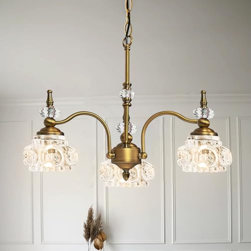 Montex Brass Pendant Light,Gold Vintage Chandelier Light Fixture 3 Lights,Include 4 Light Bulbs Glass Pendant Light Crystal Hanging Light