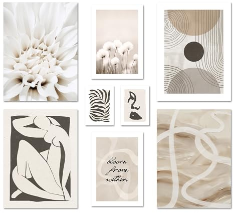 ARTFAVES® Poster Set - ABSTRACT BLACK ART - mehrteilige Wanddeko Wohnzimmer & Schlafzimmer - 8 moderne Wandbilder abstrakt, Kunst, Henri Matisse, schwarz-weiss, beige - ohne Bilderrahmen