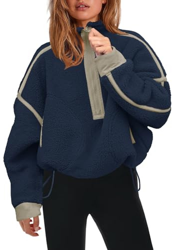 Panadila damtröja med halvlång dragkedja, sherpafleece, mjuk, överdimensionerad, sweatshirt med fickor, varm, fluffig tröja, Marinblå, XL