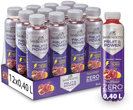 San Benedetto, Energy Drink Fruit & Power Zero, 12x400 ml, Bevanda Energetica a base di Frutta, con Caffeina e Taurina, Zero Zuccheri Aggiunti, un'Alternativa al Caffè Fresca e Gustosa