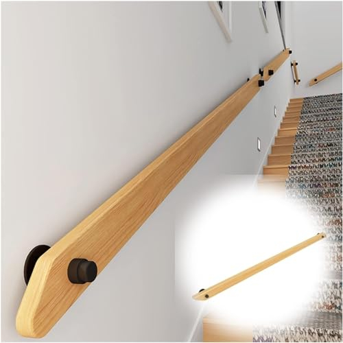 LQSYBHD Handläufe Für Treppen,30-140cm Holz Treppenhandlauf, Buche, Innen Treppengeländer Holz,mit Stabilen Halter Aus Schwarzer Schmiedeeisen,Wandhandlauf Wand Treppe(Size:4.6ft/140cm)