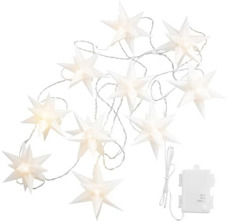 OVILUM Stern Lichterkette 3D mit LED Beleuchtung | 10 Sterne | weiß | Ø 12 cm | 3D Stern mit 15 Spitzen | wetterfest | Garten Deko, Wohnzimmer, Weihnachtsdeko | mit Timer | batteriebetrieben