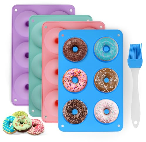 LHOEST 5 Stück Donuts Backform, Donut Backform mit Silikon Backpinsel, Silikon Antihaft Donut Formen für Kuchen Bagels Muffins, BPA-frei Donut-Form für Geschirrspüler Backofen Mikrowelle