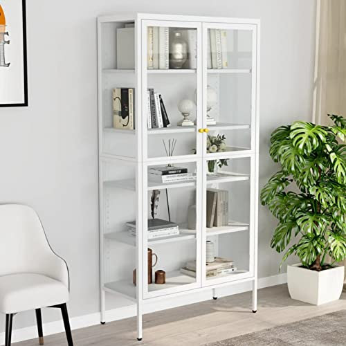 Iiaky Vitrine Weiß 90x40x180 cm Stahl und Gehärtetes Glas Vitrinenschrank Vintage Sammlervitrine