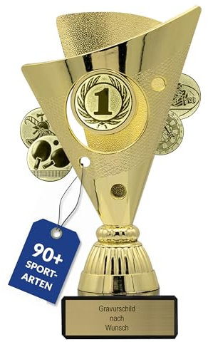 pokal-fabrik.de - Pokal mit Gravur Wunschtext in gold - personalisierte Auszeichnung und Sport Emblem nach Wahl - 15,5 cm inkl. Marmorsockel - Geschenk-Trophäe
