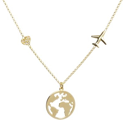 WearTravelers Halskette Weltkarte mit Flugzeug und kleinem Herz aus 925er Silber – Geschenkidee für Reisende – Produkt Made in Italy – Modell Atlanta