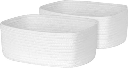 ORGMASTER 2 Pack Small Rope Baskets 33x21.6x13 cm, Woven Storage Basket Closet Organizer Bins, Shelf Boxes for Organizing Home Office, Cat Dog Toy Box, Empty Gift Basket, White