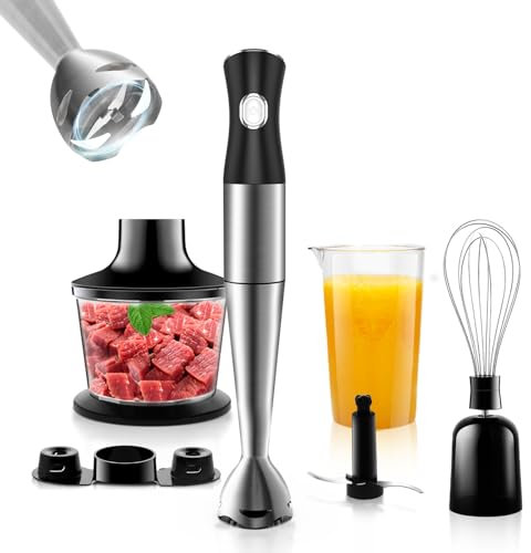 Batidora de Mano 6 en 1 Multifunción 1200W Batidora de Mano Eléctrica Velocidad Regulable en Acero Inoxidable con Función Antisalpicaduras para Carne Verduras etc Accesorios Incluidos