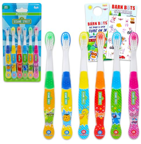 Sesame Street Toothbrush Set - Bundle with 6 Toothbrushes Featuring Elmo, Big Bird, and More, Plus Stickers, More | Oral Hygiene Kit for Kids and Toddlers
