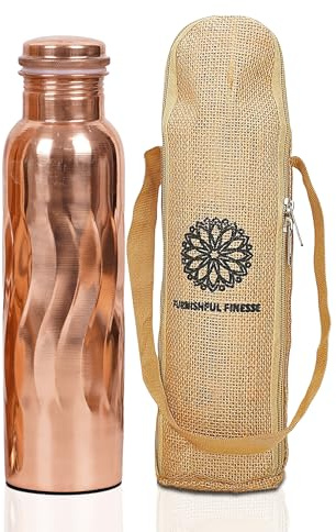 FURNISHFUL FINESSE 34 Ounce Copper Water Bottle 1000 ml Pure Copper Drinking Vessel With Carry Bag for Sports, Yoga, Ayurvedic,Gym,Office,Hiking - Set of 1, Natural Finish