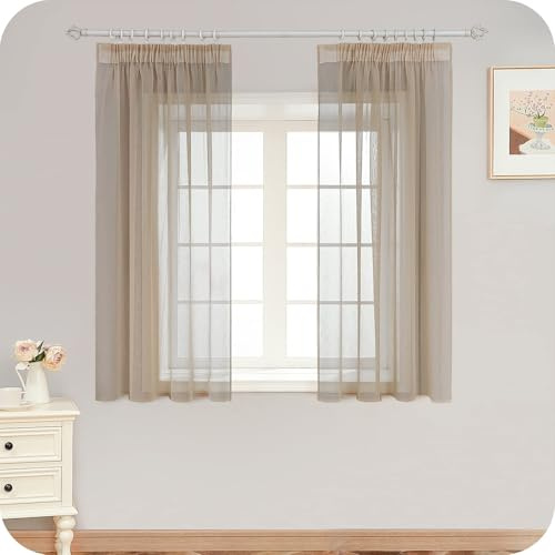 MRTREES Beige Transparent Curtains for Rail System, 170 cm Long, 140 cm Wide, Short, with Hooks, for Living Room, Bedroom, Kitchen, Teenager's Room, Store, Boys, Set of 2