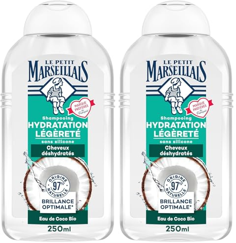 Le Petit Marseillais - Shampooing Hydratation Légèreté Eau de Coco Bio (flacon de 250 ml) – Shampoing sans silicone pour cheveux déshydratés – Soin cheveux brillance optimale 97% d'origine naturelle
