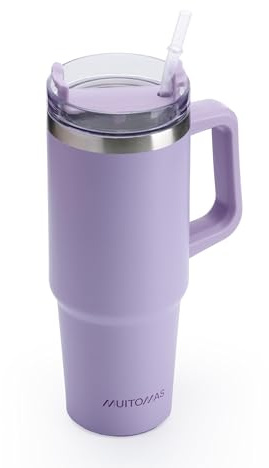 Tazza Termica da Viaggio in Acciaio con Cannuccia, per Bevande Calde e Fredde, 900 ml, Colore Lilla
