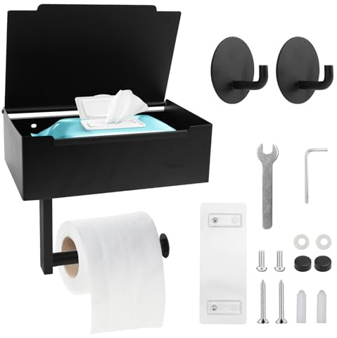 QGGTQG Toilettenpapierhalter ohne Bohren 2 in 1 Klopapierhalter mit Feuchttücherbox Edelstahl Toilettenpapierhalter mit Ablage Selbstklebend Klorollenhalter für Badezimmer Toilette (Schwarz)