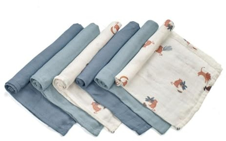 Jané 6er Pack Mehrzweck-Mulltücher, Stillen, natürliches Baumwoll- und Bambusgewebe, Staubmilbenschutz, Ökologisch, 35 x 35 cm, Blau