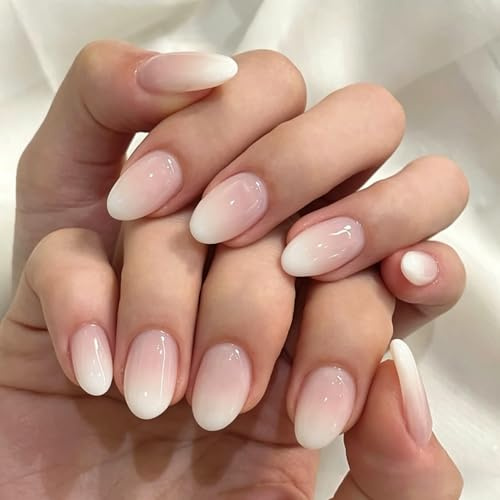 SXVME Ombre Press On Nails Short Oval, 30 Pcs Glossy Gradient Pink False Nails Short Almond, Salon Quality Manicure, Reusable Soft Gel French Fake Nails for Women Everyday Wear