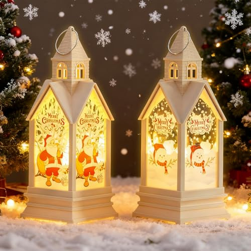 GAROMIA 2 Stück Weihnachtsdeko Laterne Häuser Weihnachtslaterne Weihnachten Deko Schneemann Weihnachtsmann LED Licht mit Warmweißes beleuchtete weihnachtsdeko Weihnachten Weihnachtsdeko innen Außen