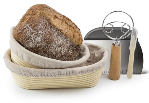 Gärkörbchen 2er Set aus PP | Schimmelfre,Lebensmittelecht, Waschbar | Brotbackset inkl. Brot Lame, Teigschaber & Leinentuch (Oval 21&27CM)